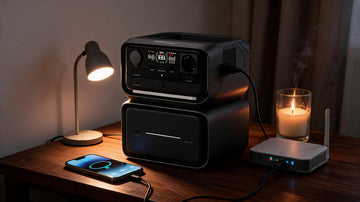 EcoFlow RIVER 3 Max Plus power station running a lamp and router during a Philippine brownout
