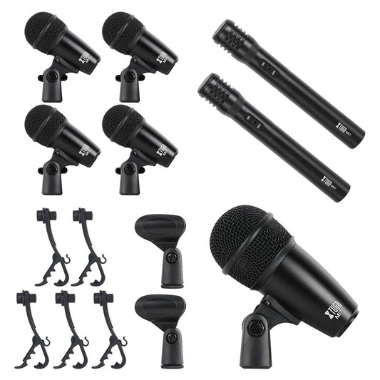 XTUGA New MI7 7Pcs Wired Dynamic Drum Mic Kit Whole Metal Kick Bass Tom/Snare & Cymbals Microphone Set Use for Drums Vocal Other Instrument Complete with Thread Clip Inserts Mic Holder Use for Drums condenser vlogging stage microphone Vocal mic condenser