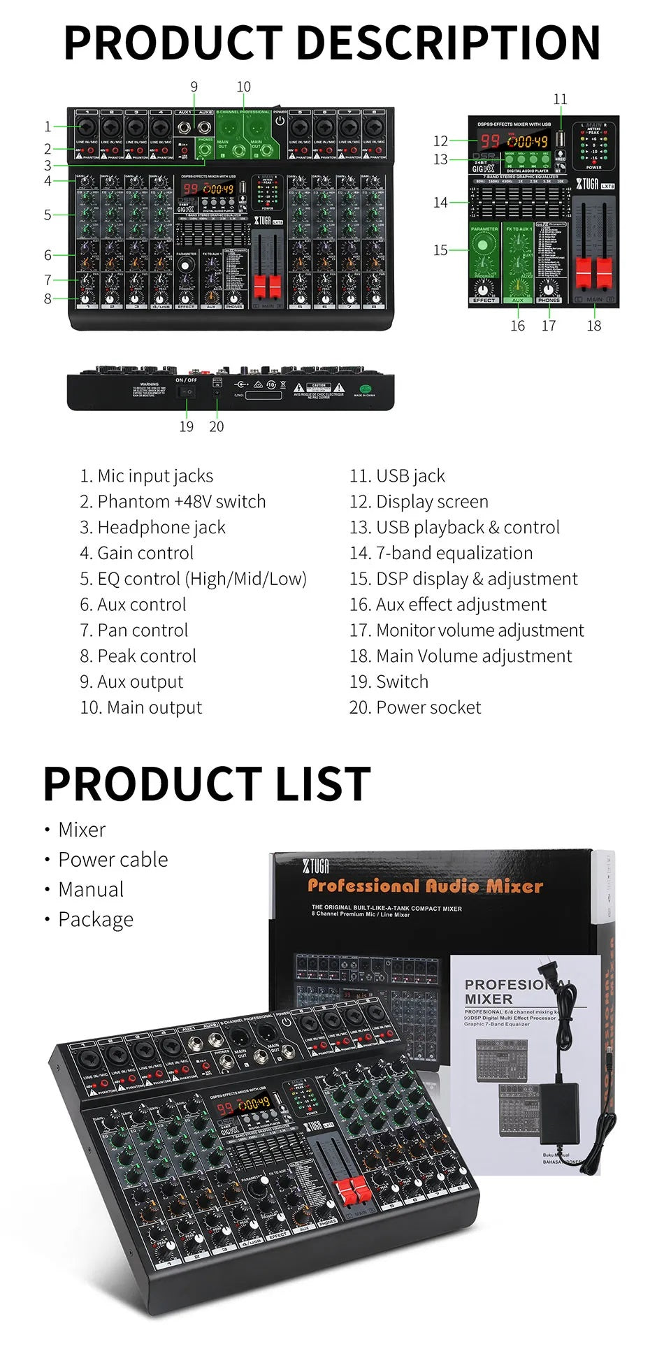 XTUGA LXT8 8 Channel Multipurpose Professional Audio Mixer Support Bluetooth USB MP3 Playback Built in 99 DSP