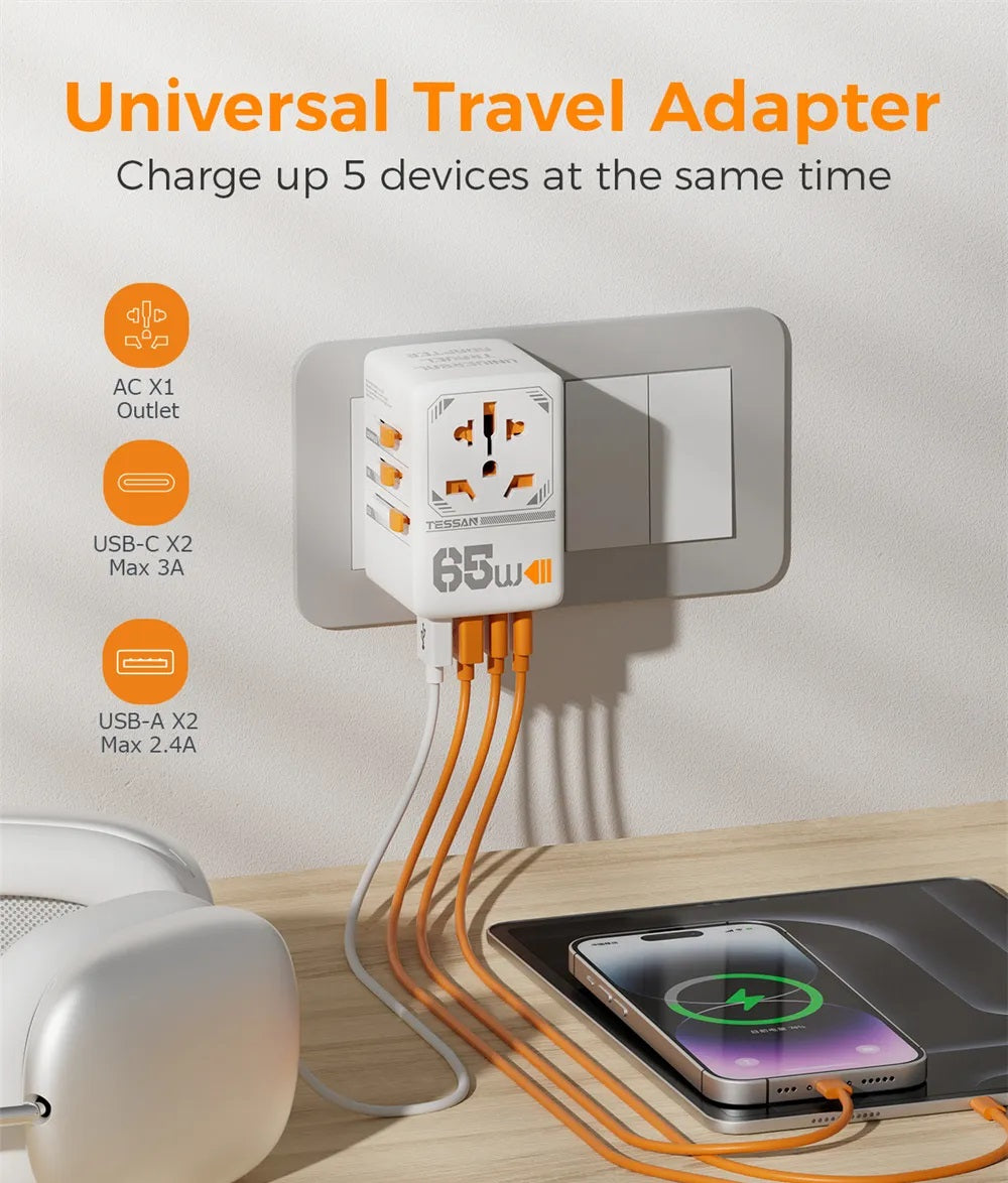 TESSAN TS-WTA03 Universal Travel Adapter with USB+Type C PD 65W Fast Charging Universal Plug Adaptor