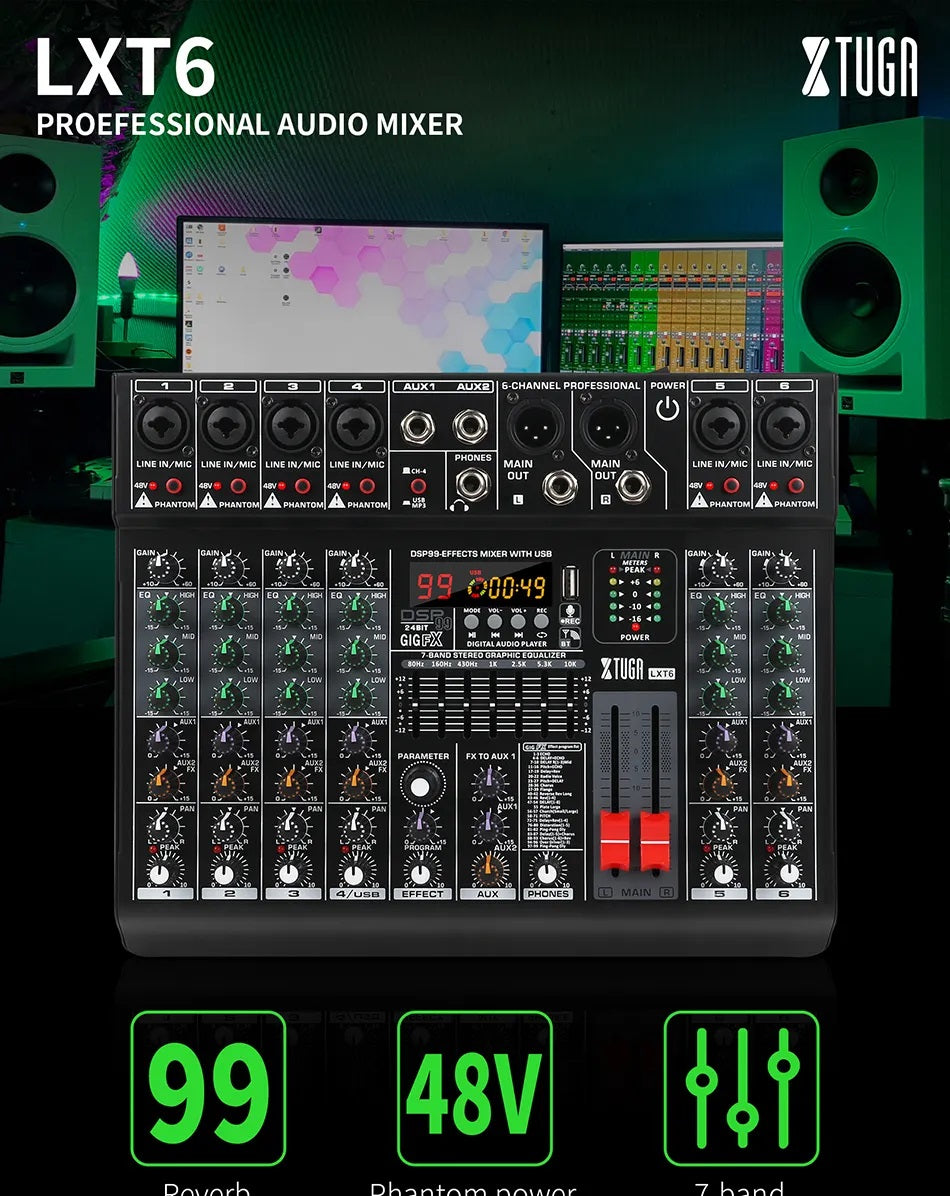 XTUGA LXT6 DJ Mixer 6 Channel Multipurpose Professional Audio Mixer Support Bluetooth USB MP3 Playback Built in 99 DSP