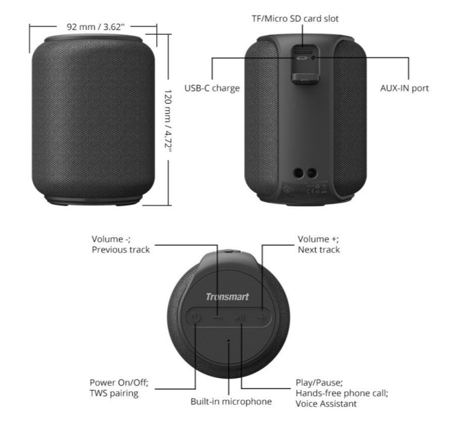 Tronsmart Element T6 Mini Bluetooth Speaker 15W Ultra Portable Speaker with 24 Hours Playtime IPX6 Waterproof Bluetooth 5.0 Wireless Stereo Pairing Voice Assistant Built-in Microphone Wireless Bluetooth Speaker Strong Bass Outdoor Speaker - VMI DIRECT