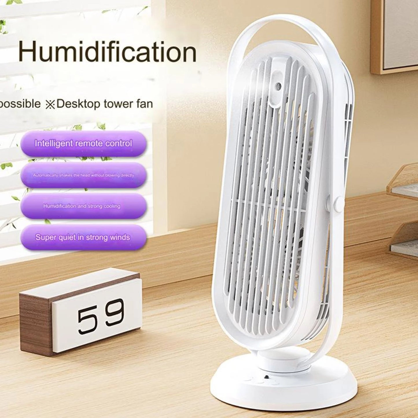 CT109 Double Leaf Spray Tower Fan USB Mobile Fan 150ML Humidifying Table Desktop Tower Personal 4000mAh Rechargeable Mist Fan for Indoor Outdoor Room Travel Office Work Valentines Summer Gift Camping Household VMI Direct