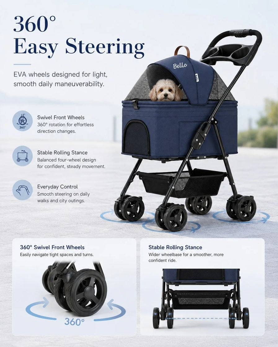 Bello SP02F2K 2in1 Detachable Lightweight Foldable Portable Pet Stroller Dog Cat Cart for Travel VMI
