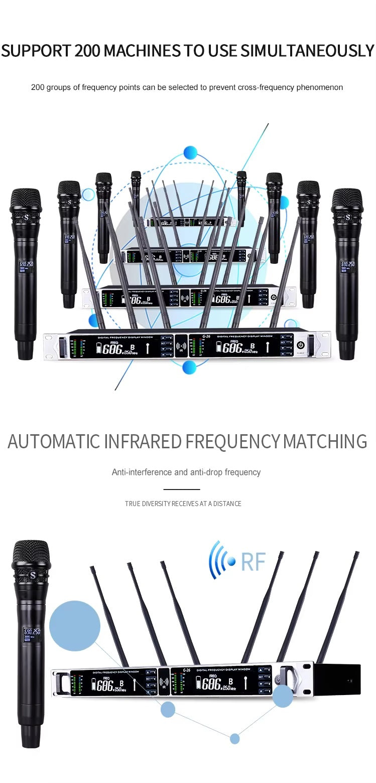 XTUGA G26 true diversity microphone system with multiple channels and automatic frequency matching