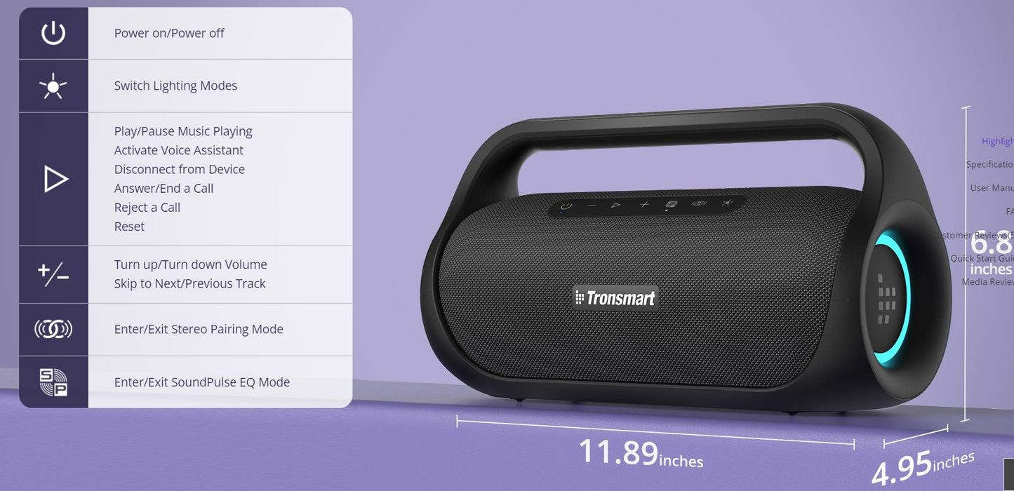 Tronsmart Bang Mini Bluetooth Portable Party Speaker Exceptional Stereo Sound SoundPulse® Audio Beat-driven Light Show IPX6 Waterproof 50W 15 Hours of Playtime Stereo Pairing Built-in Powerbank Beat Oriented Light Show True Wireless Stereo - VMI Direct