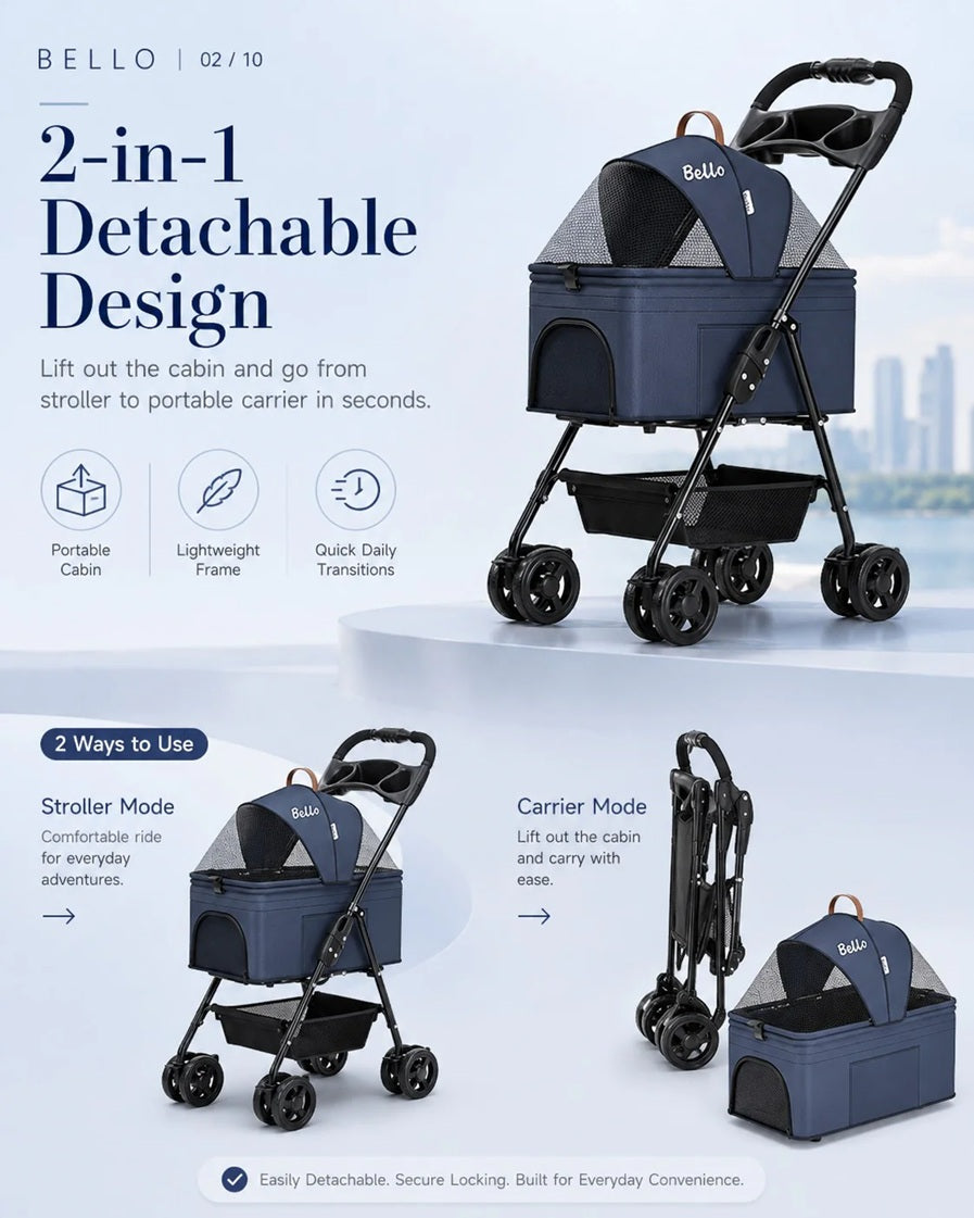 Bello SP02F2K 2in1 Detachable Lightweight Foldable Portable Pet Stroller Dog Cat Cart for Travel VMI