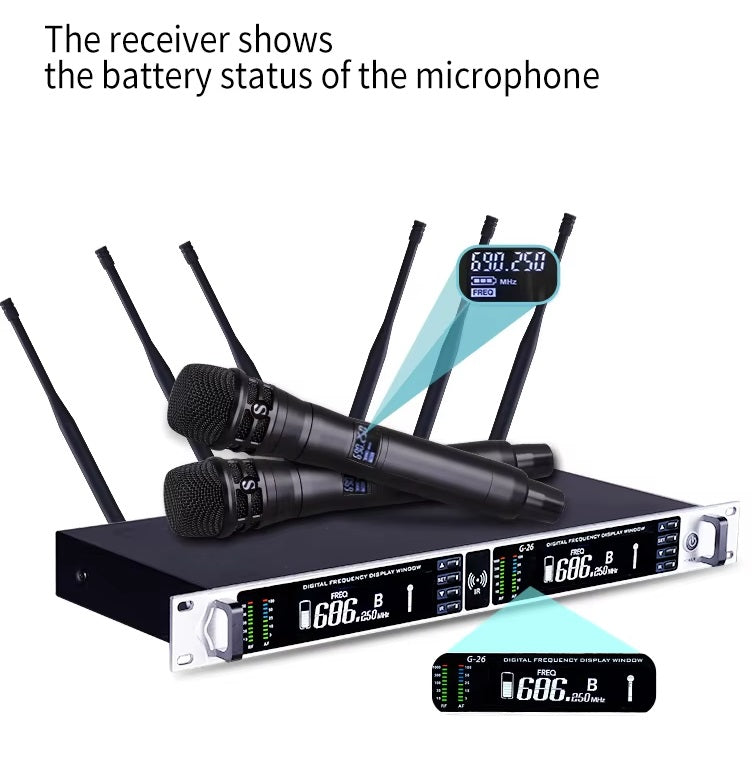 XTUGA G26 true diversity microphone system with dual handheld mics and digital display for battery status