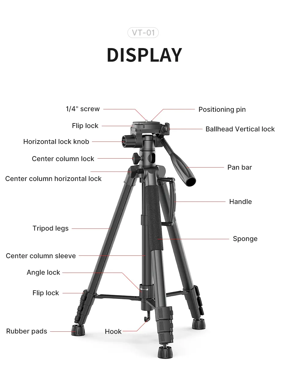 VT-01 Multifunctional Portable Tripod/Monopod Professional Heavy Duty  Lightweight Aluminium Alloy Material Compatible with Sony Canon Nikon DSLR Smartphones for Travel  Vlogging Shooting Videography Photograpy