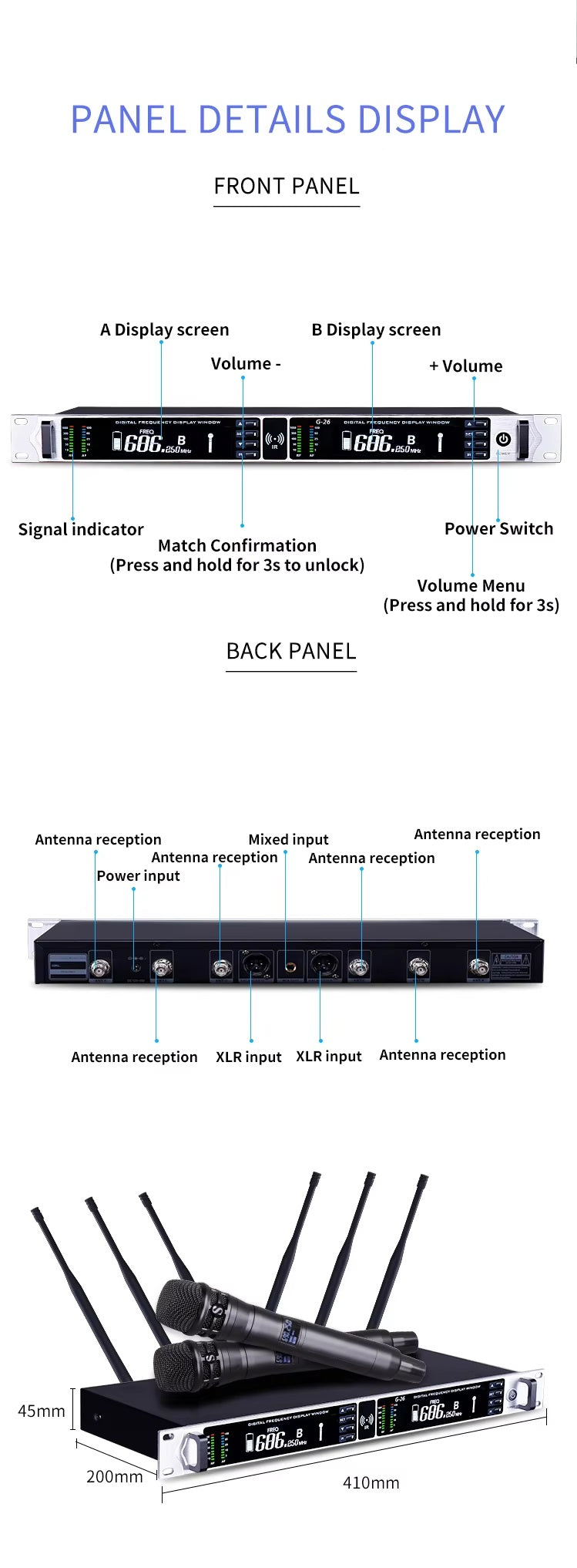 Xtuga G-26 Six Antennas 800m Effective Distance True Diversity Receiving Wireless Microphone VMI