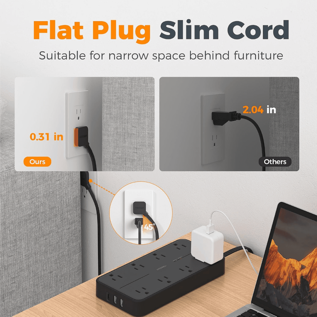 TESSAN TS PS02AUS Flat Plug Extension Cord Power Strip with USB Ports Ultra-thin Design Universal Compatibility Travel-friendly Surge Protection
