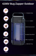 18W waterproof bug zapper lamp with hanging hoop and insulated steel mesh for outdoor use