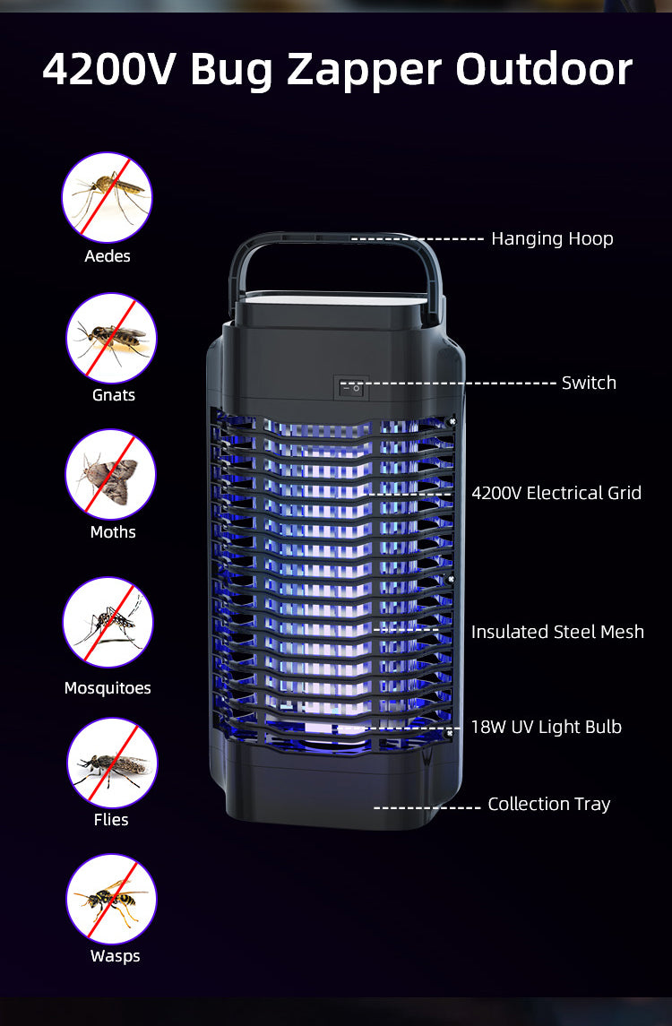 18W waterproof bug zapper lamp with hanging hoop and insulated steel mesh for outdoor use