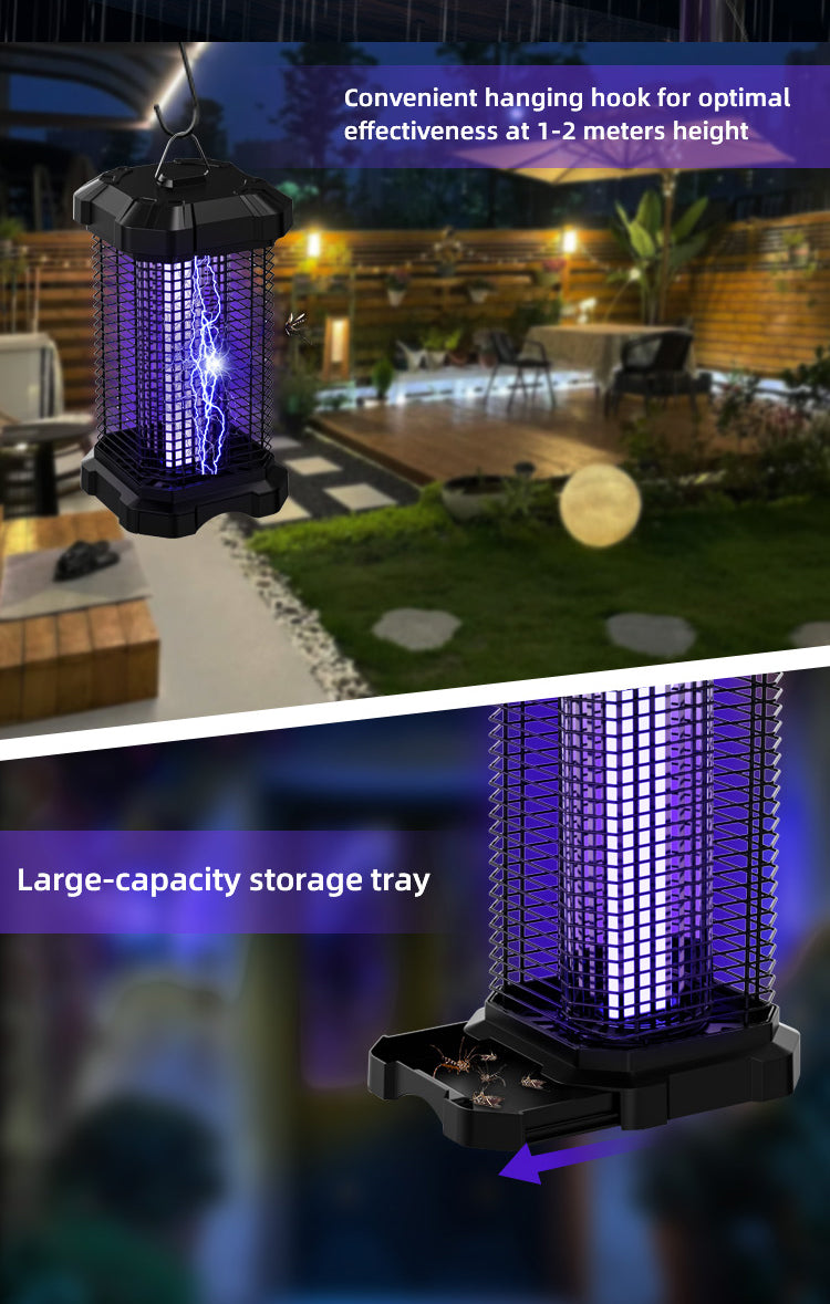 18W waterproof bug zapper with hanging hook and large-capacity storage tray for outdoor use