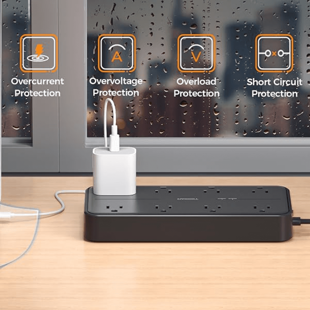 TESSAN TS PS02AUS Flat Plug Extension Cord Power Strip with USB Ports Ultra-thin Design Universal Compatibility Travel-friendly Surge Protection