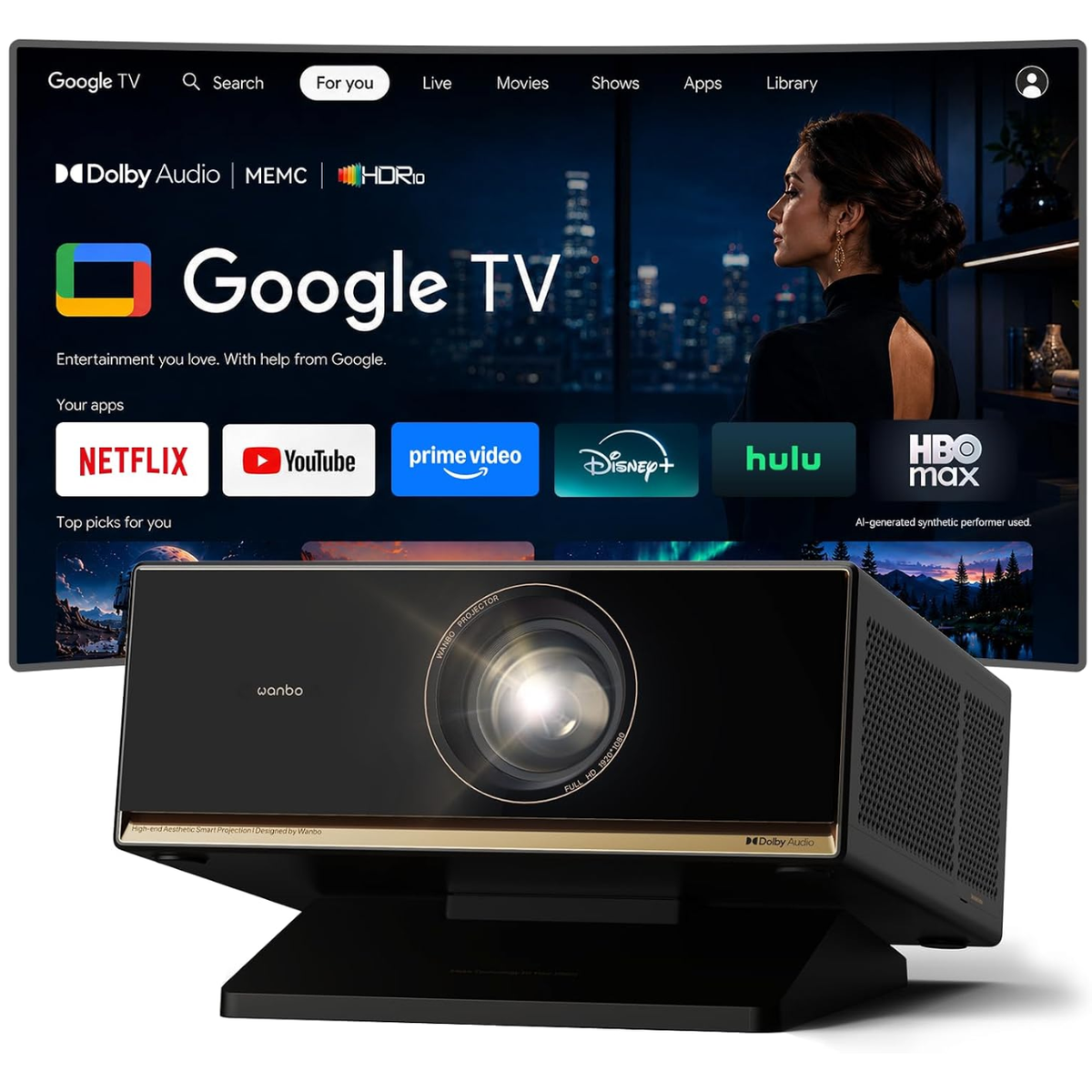 Wanbo X7 Pro Max Home Cinema Outdoor Projector Up to 300″ Display 1500 ANSI Lumens Native 1080P Google TV 14 MEMC Dolby Audio MT9660 + 2GB RAM + 32GB Storage ASA 3.0 Auto Setup Adjustable Stand Triple-Channel Cooling