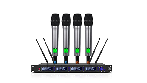 XTUGA M-6604S Professional 4 Channel UHF Wireless Microphone System True Diversity Wireless Microphone Cordless Handheld Mic Enhance Signal Working Range Whole Metal Microphone with IR Function for Karaoke Concert Church Speech Wedding 4set Mic VMI Direct
