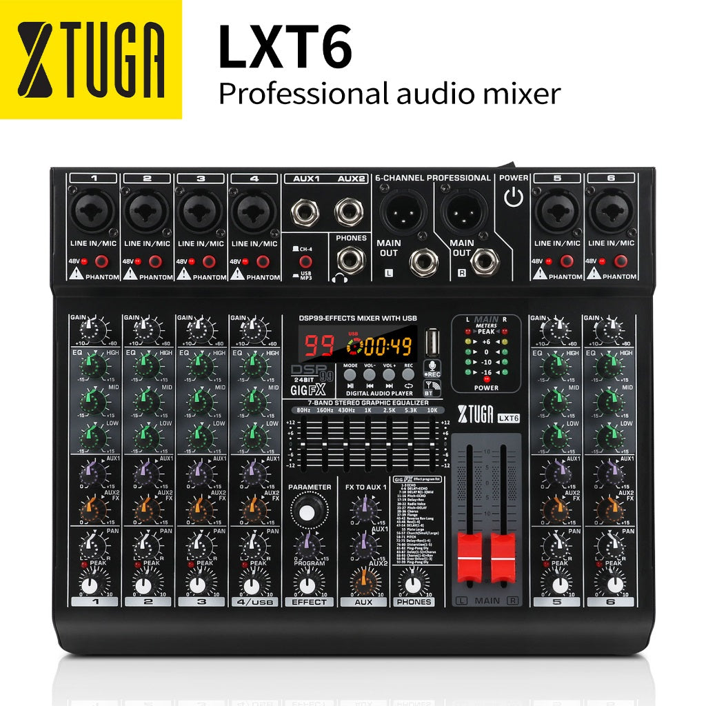 XTUGA LXT6 DJ Mixer 6 Channel Multipurpose Professional Audio Mixer Support Bluetooth USB MP3 Playback Built in 99 DSP
