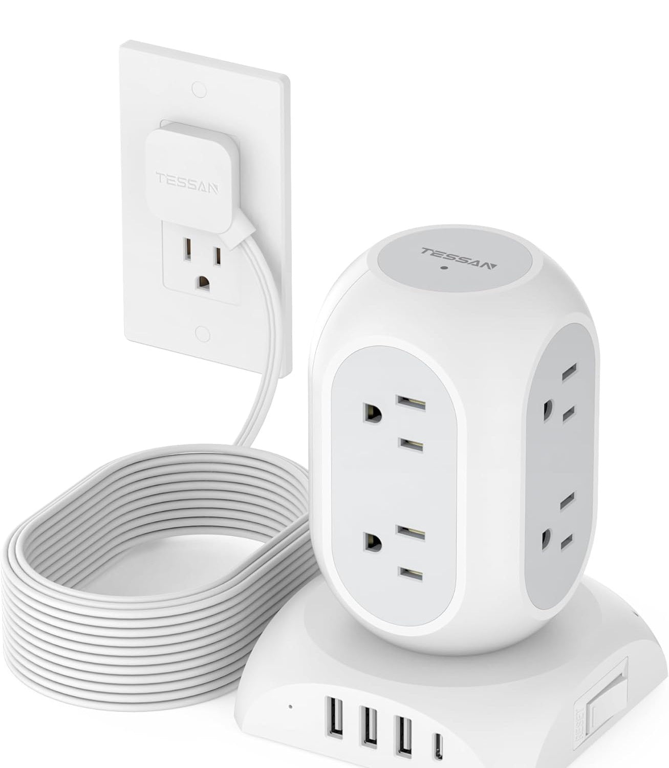Tessan TPS05-US Tower Power Strip Flat Plug with 11 Outlets 3 USB 1 USB C 10 Feet Extension Cord