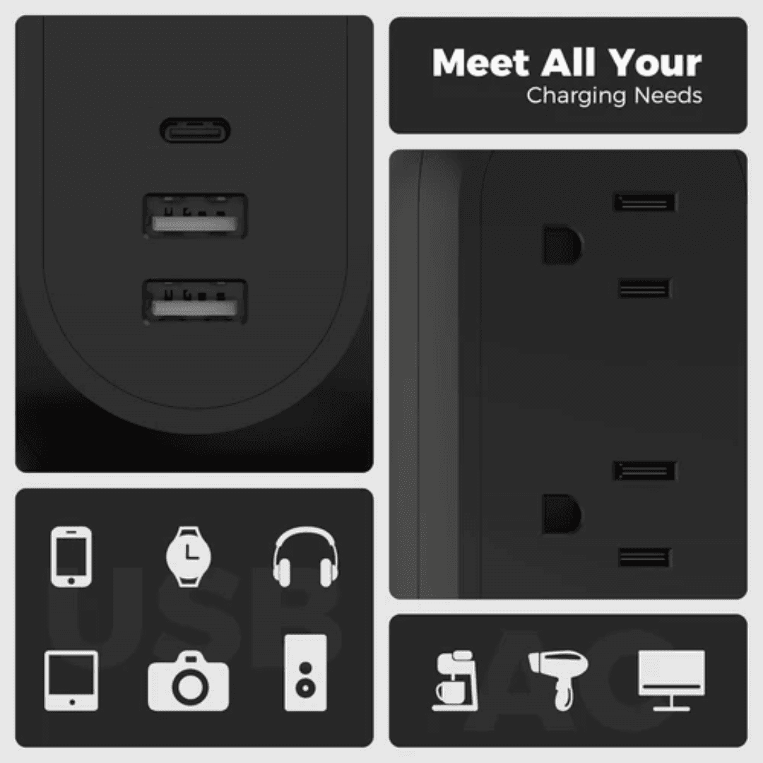 TESSAN TPS01AUS Surge Protector Power Tower Strip 6FT Ultra-thin Flat Plug Universal Compatibility Travel-friendly Surge Protection