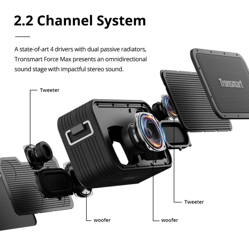 Tronsmart Force Max Portable Outdoor Speaker 80W Outdoor Up to 13 Hours Play Time Powerful Tri-frequency Audio with Precise Tunning Power Speaker Waterproof Bluetooth Speaker Wireless Speaker Stereo Pairing Strong Bass Stereo Bluetooth Speaker VMI DIRECT