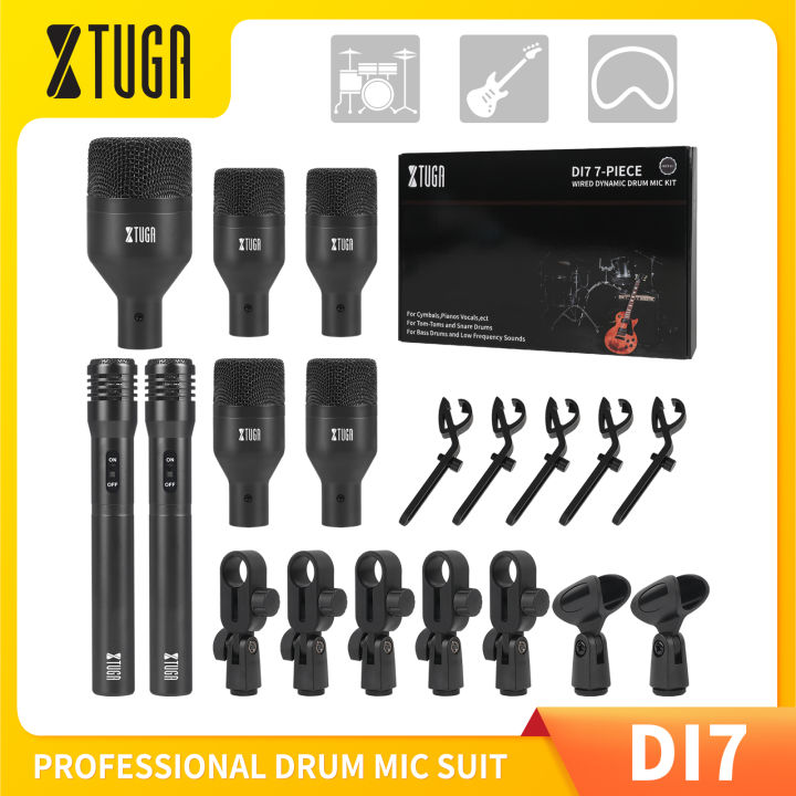 XTUGA DI7 7-Piece Wired Dynamic Drum Mic Kit Whole Metal Kick Bass, Tom/Snare &amp; Cymbals Microphone-