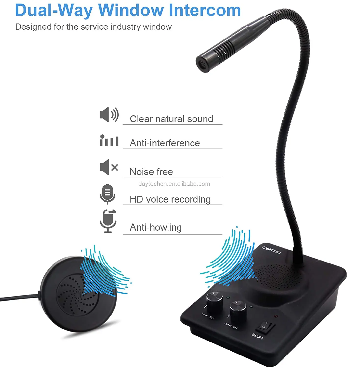 DAYTECH WI07 WI08 Window Speaker System 10 Meters Cord Window Intercom System Anti-Interference Dual Way Bank Counter Intercom Intercommunication Microphone for Bank/Office/Station