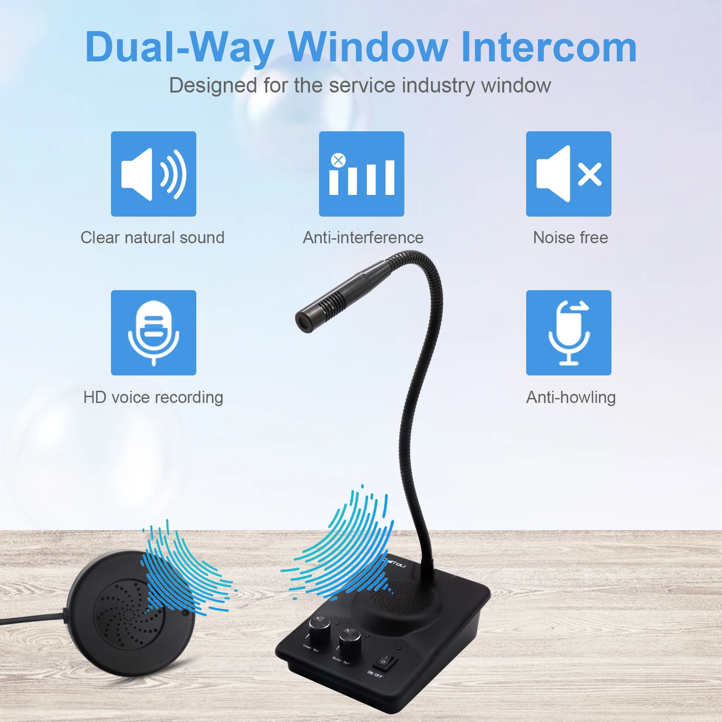 DAYTECH WI07 WI08 Window Speaker System 10 Meters Cord Window Intercom System Anti-Interference Dual Way Bank Counter Intercom Intercommunication Microphone for Bank/Office/Station