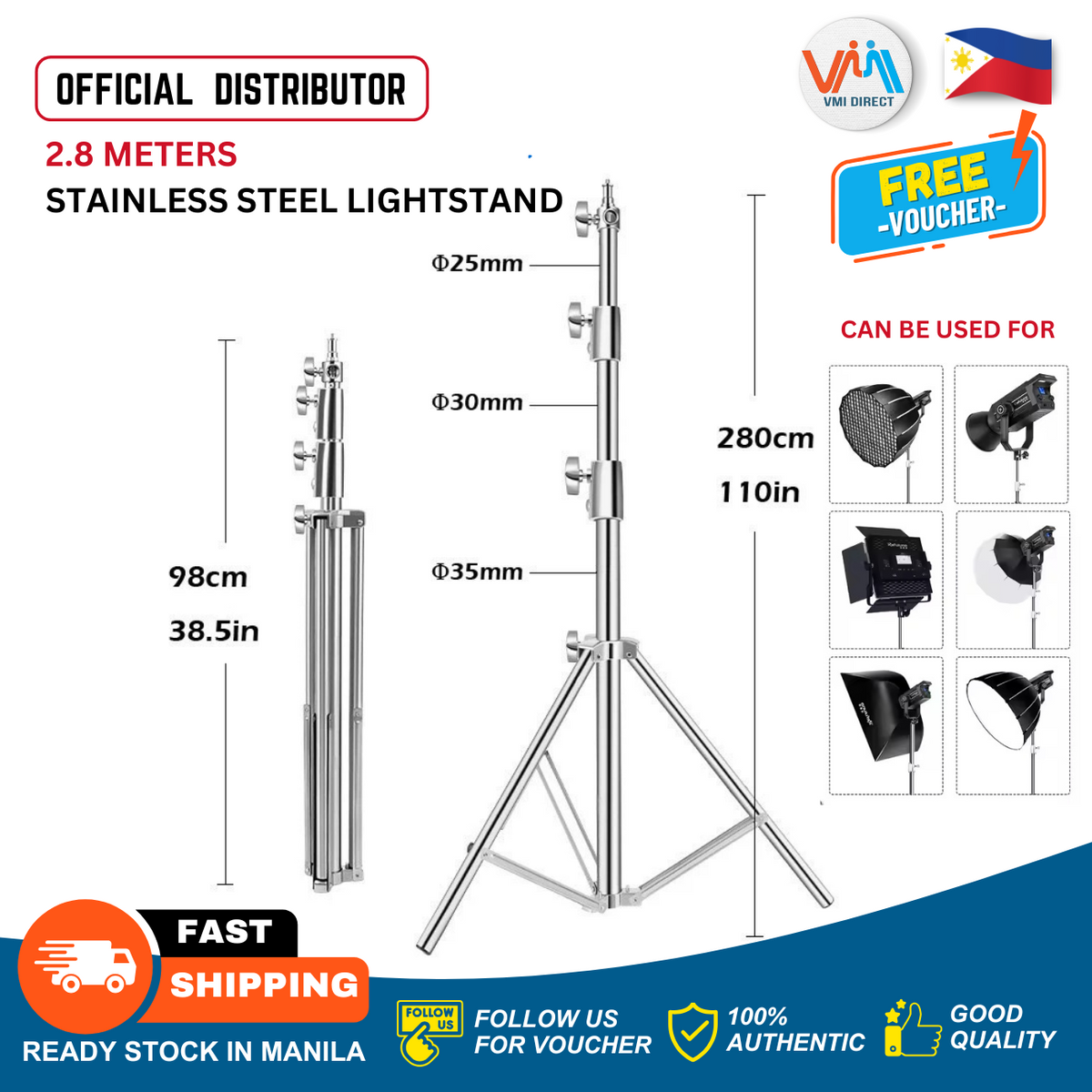 2.8m Photography Light Stand Stainless Steel With Air Cushion Aluminum Camera Adjustable Light Stand