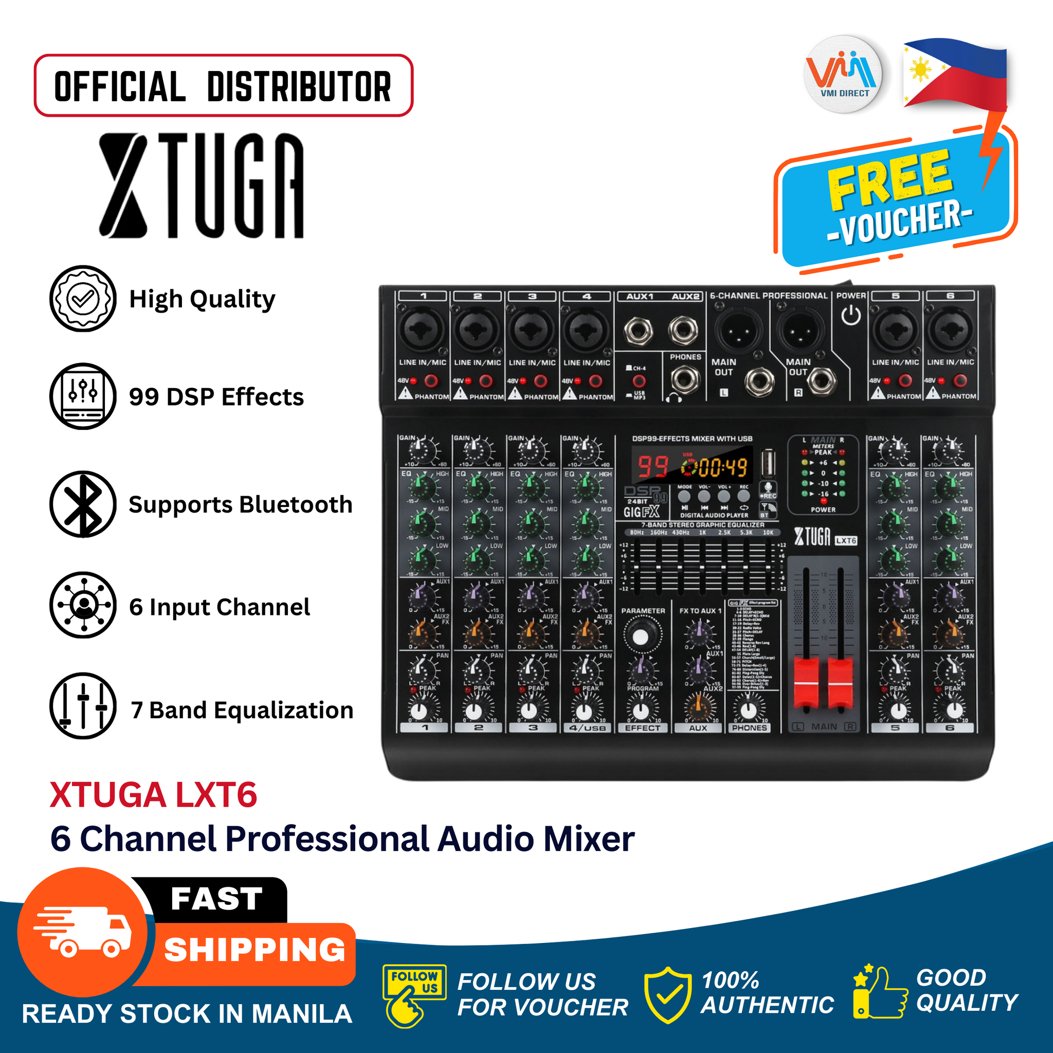 XTUGA LXT6 DJ Mixer 6 Channel Multipurpose Professional Audio Mixer Support Bluetooth USB MP3 Playback Built in 99 DSP