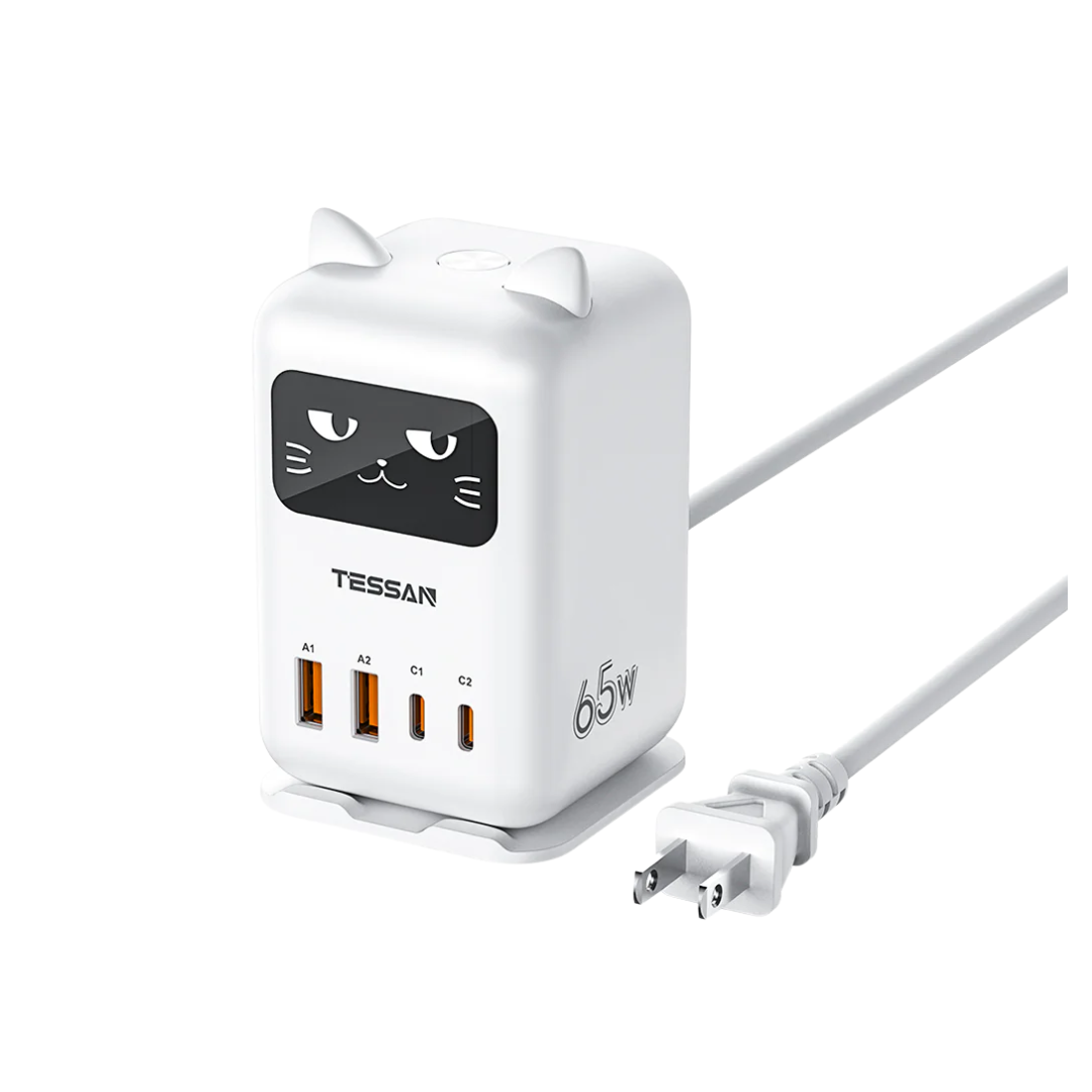 TESSAN 65W Flash Cat Charging Station 4-Port Fast GaN Charger Block for Phone Laptop Multi Plug Adapter