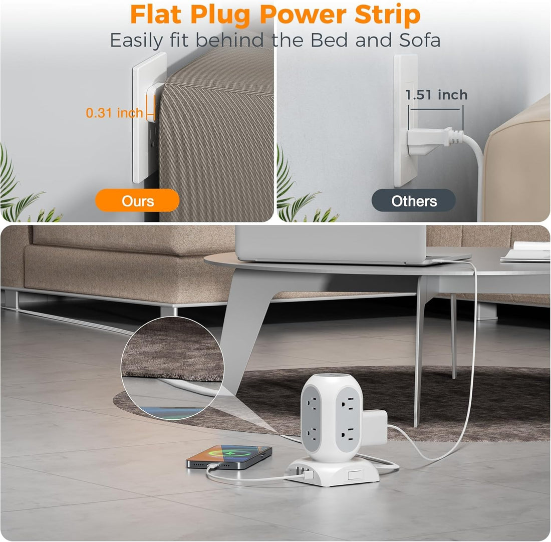 Tessan TPS05-US Tower Power Strip Flat Plug with 11 Outlets 3 USB 1 USB C 10 Feet Extension Cord