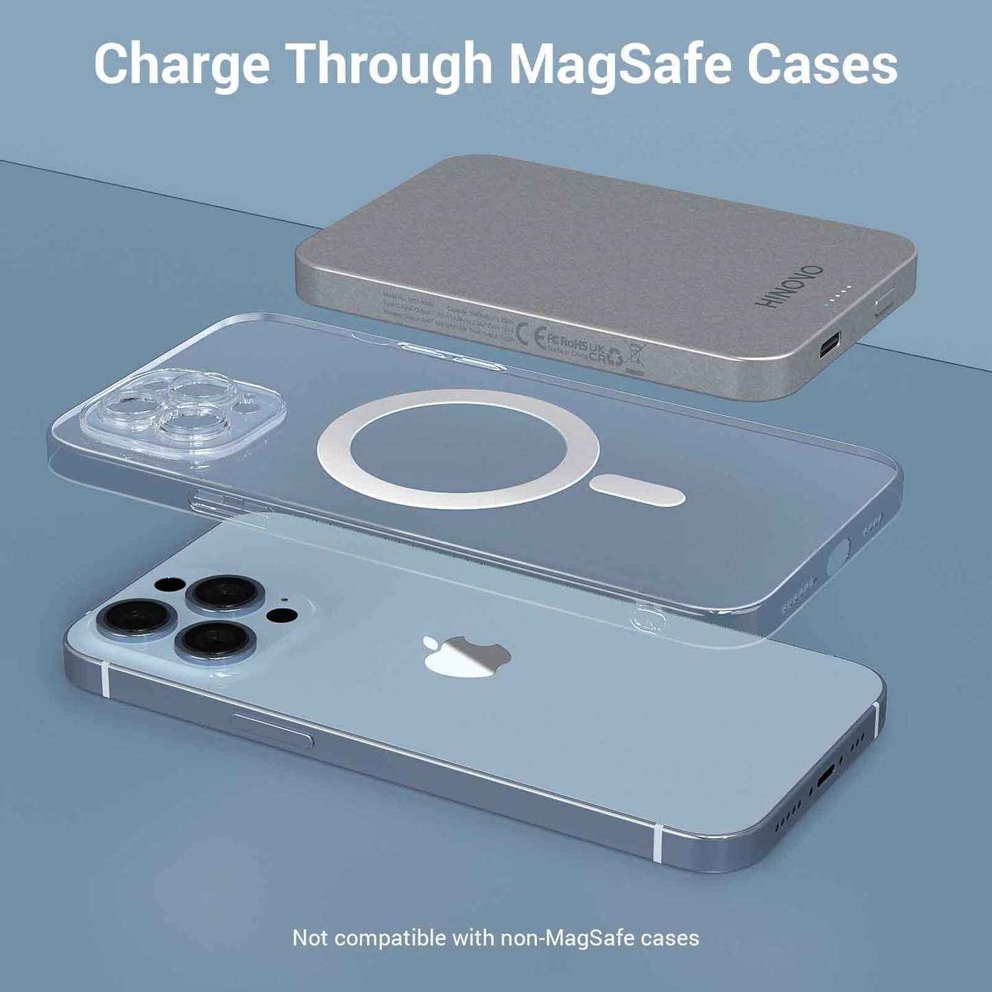 HINOVO MB1-5000/10000 Metal Portable Magnetic Wireless Powerbank Wireless Portable Charger 20W Wireless Phone Charger Powerbank Compatibility Air Pods iPhone 13/13 Pro/13 Pro Max/13 Mini iPhone 12/12 Pro/12 Pro Max/12 Mini Powerbank with magnetic case VMI