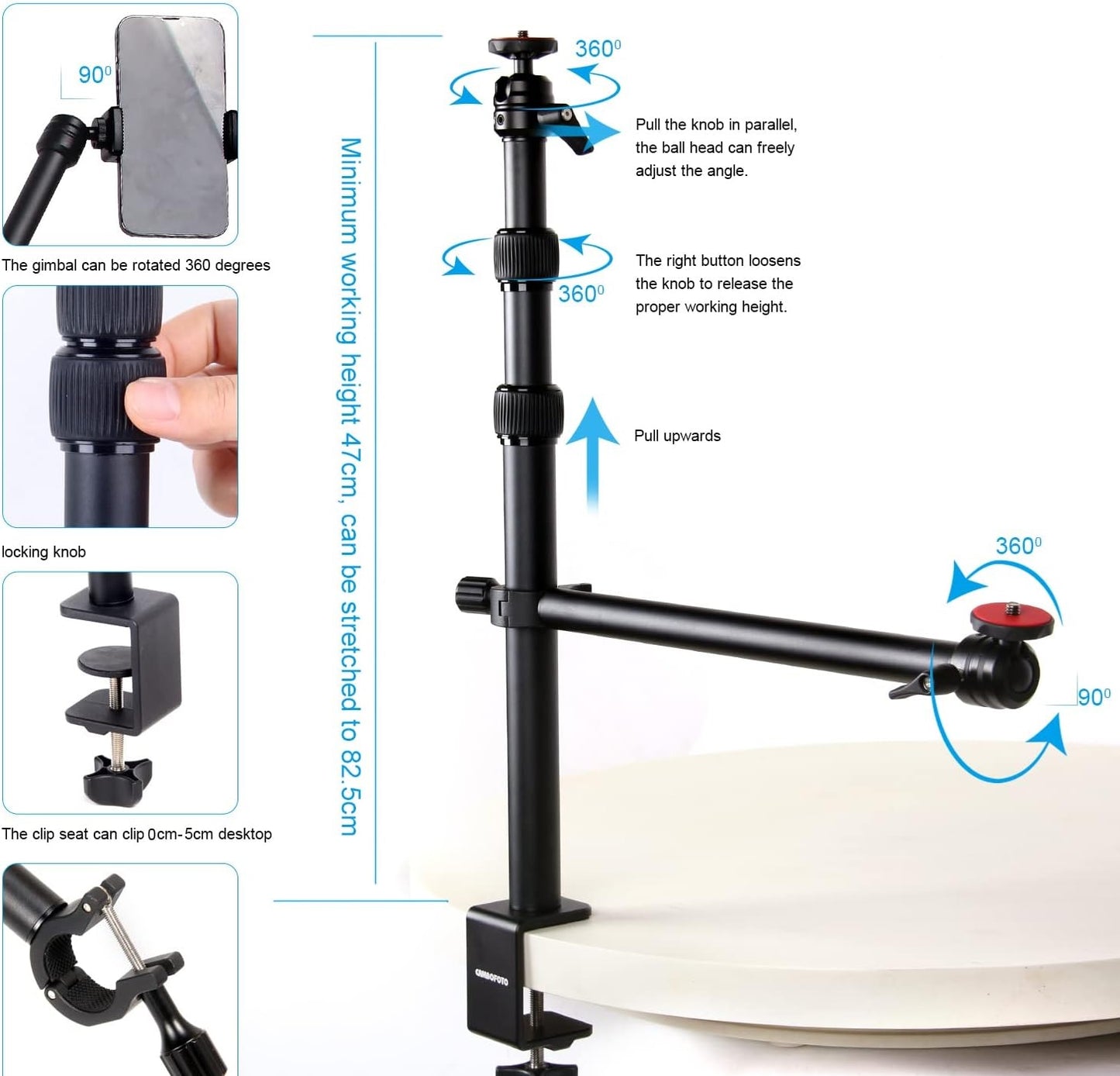 LS11 Removable Flexible Desk Stand with 3 Level Extensions up to 96cm for Vlogging Camera Mount Desk Stand With Auxiliary Holding Arm Tripods Monopod Accessories Tripod Flexible Adjustable for Vlogging Streaming Live Podcast VMI Direct