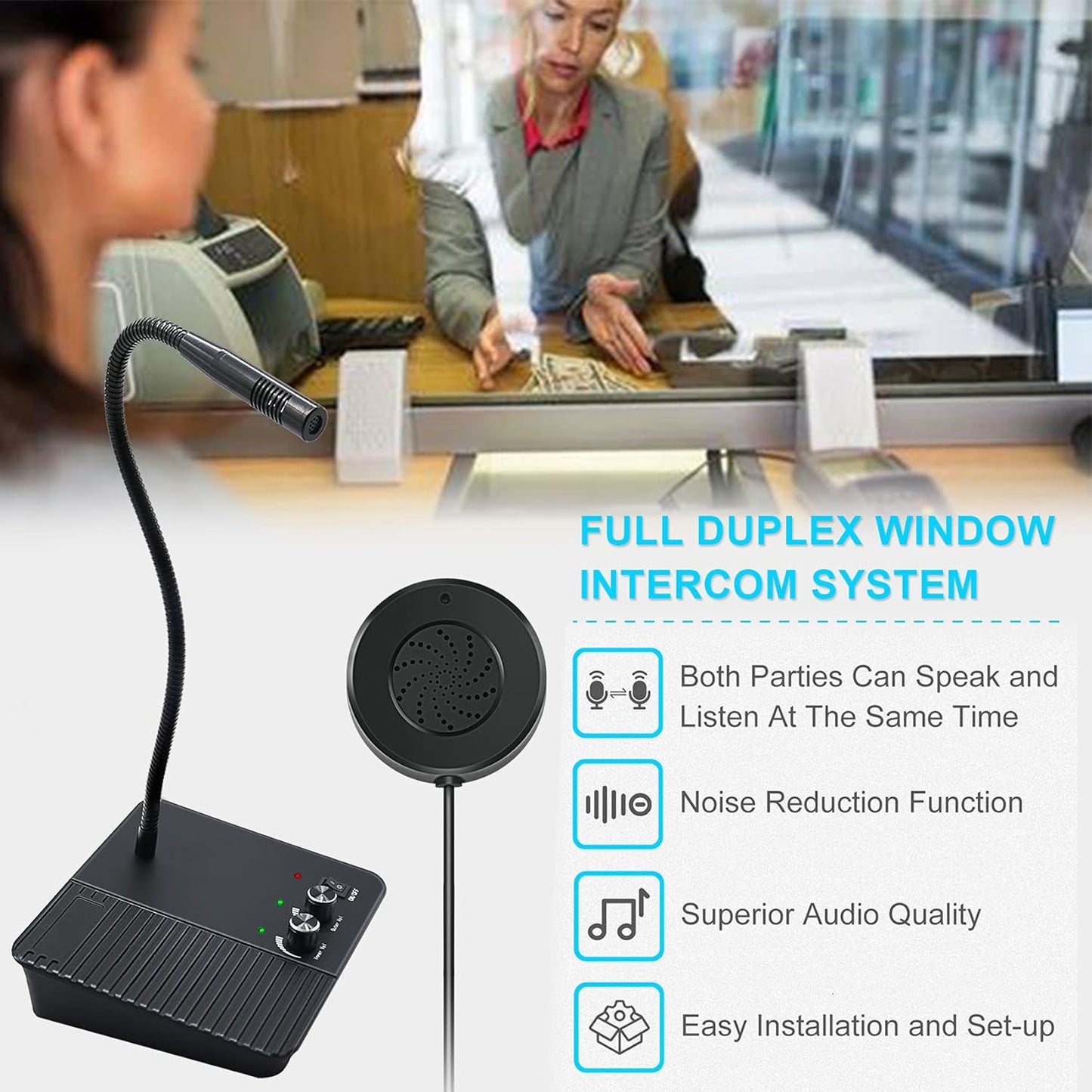 DAYTECH WI07 WI08 Window Speaker System 10 Meters Cord Window Intercom System Anti-Interference Dual Way Bank Counter Intercom Intercommunication Microphone for Bank/Office/Station