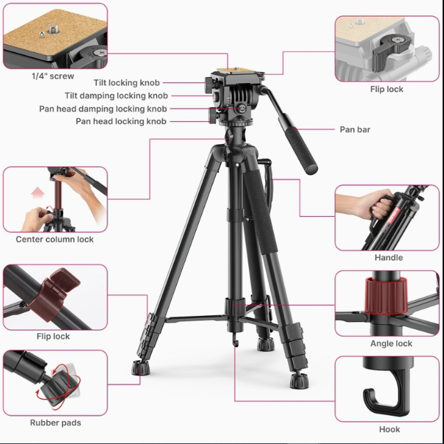 VT-02 Multifunctional Universal Tripod/Monopod Professional Overhead Tripod with Fluid Head Lightweight Aluminum 360 Panoromic and Vertical  Shots Different Angles for Photography and Videography DSLR Camcorder Smartphones