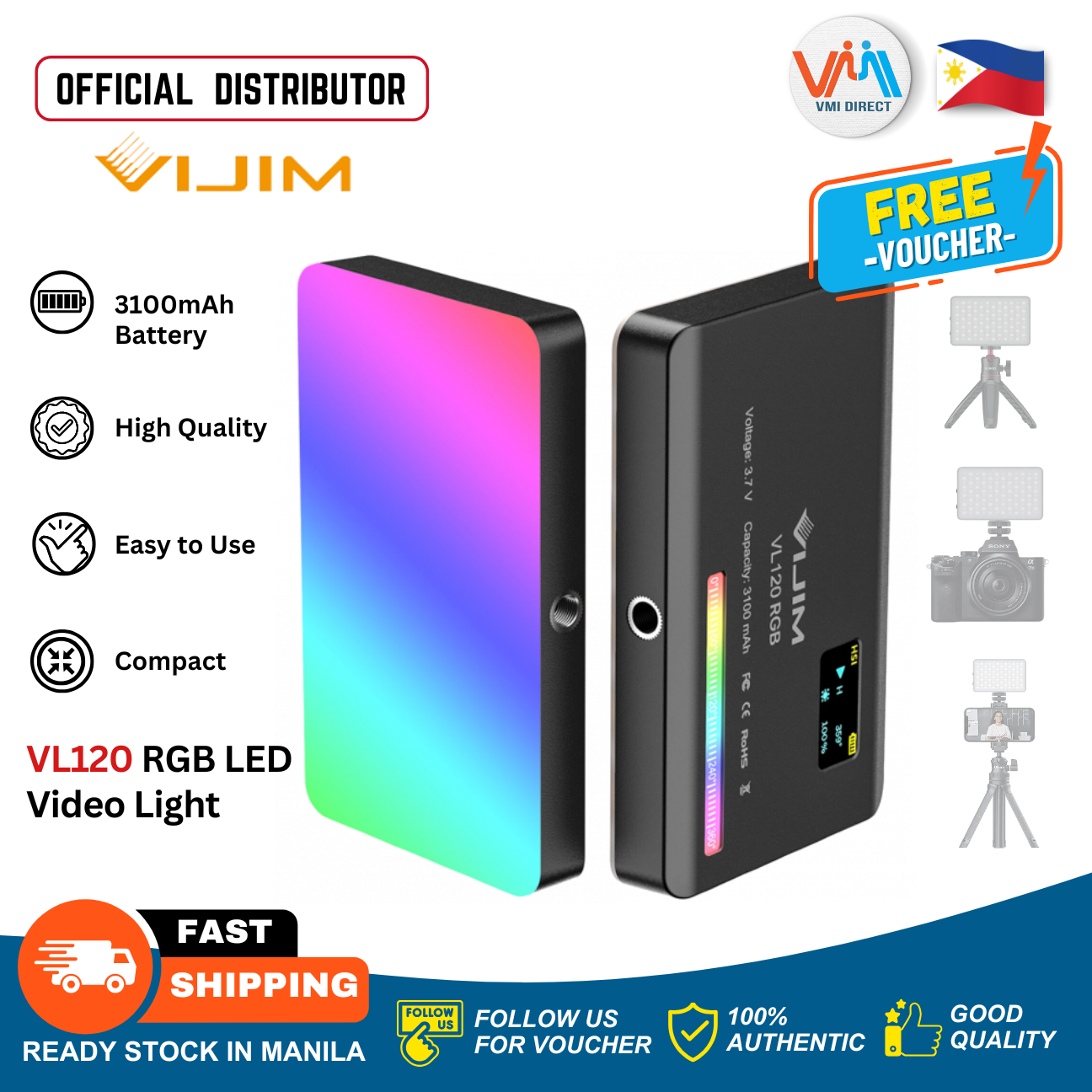 VIJIM Ulanzi VL120 RGB 2500K-9000K Mini LED Video Light, Fill In Light Dimmable, Lightning Effects, Camera Lights