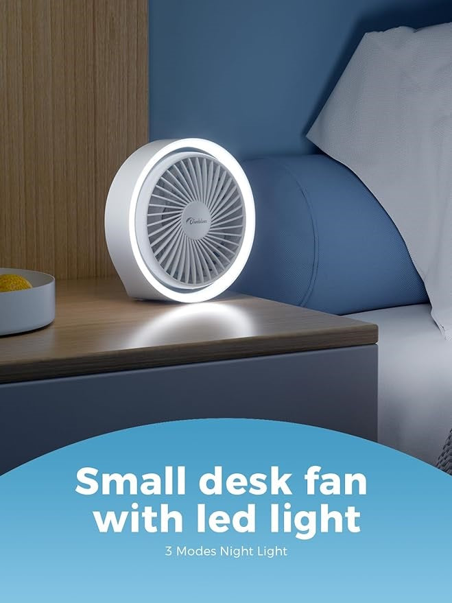 N601 USB Desk Fan with LED Light Battery Fan Quiet Portable Table Fan3 Speeds Ceiling Fan Mini Portable Personal Hand Fan 2000mAh Rechargeable Mobile Desktop Fan for Indoor Outdoor Travel Room Student School Office Work Valentines Gift VMI Direct