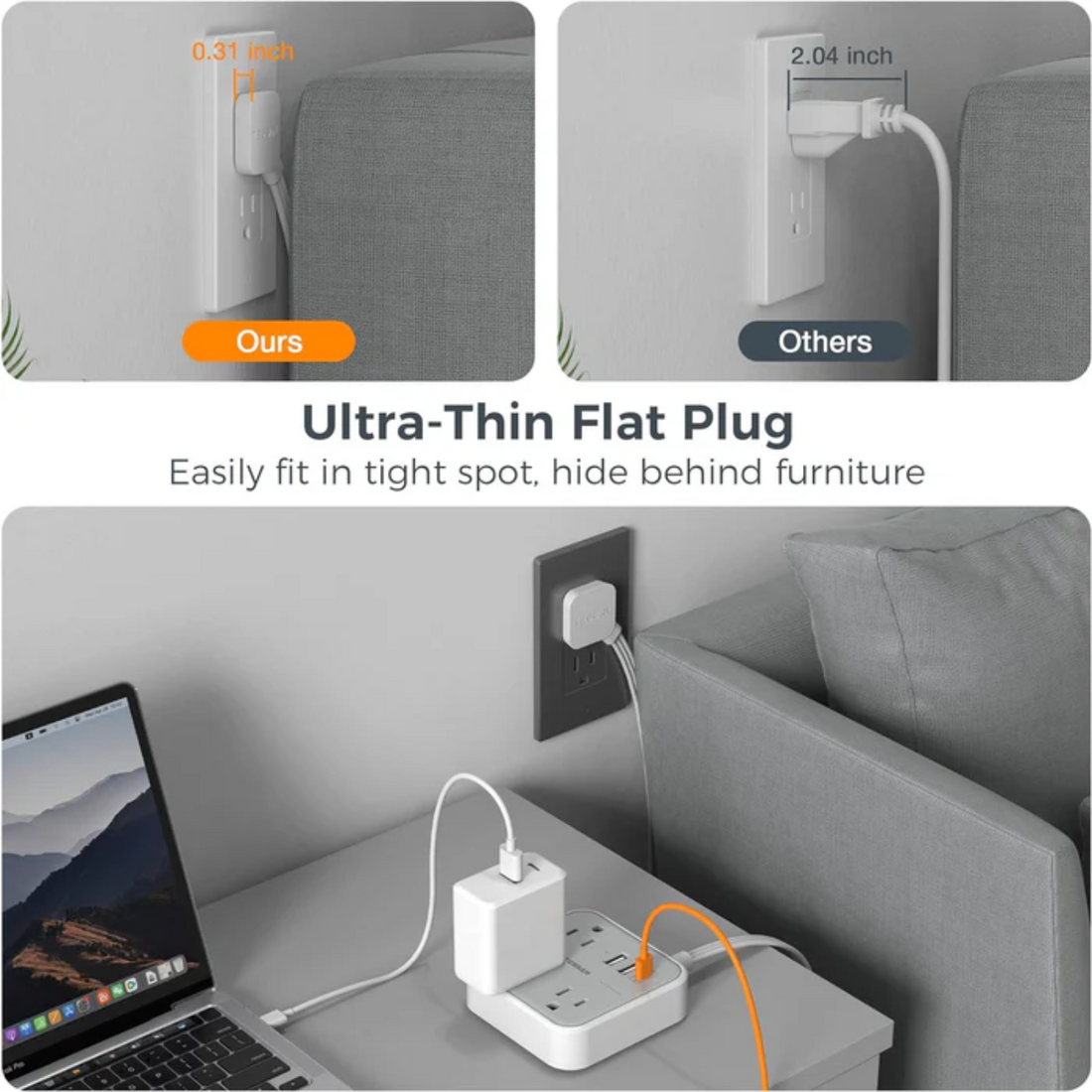 Tessan TS-103-C Slim Power Strip with 2 USB (1 USB C) Ports Ultra Thin Flat Extension Cord