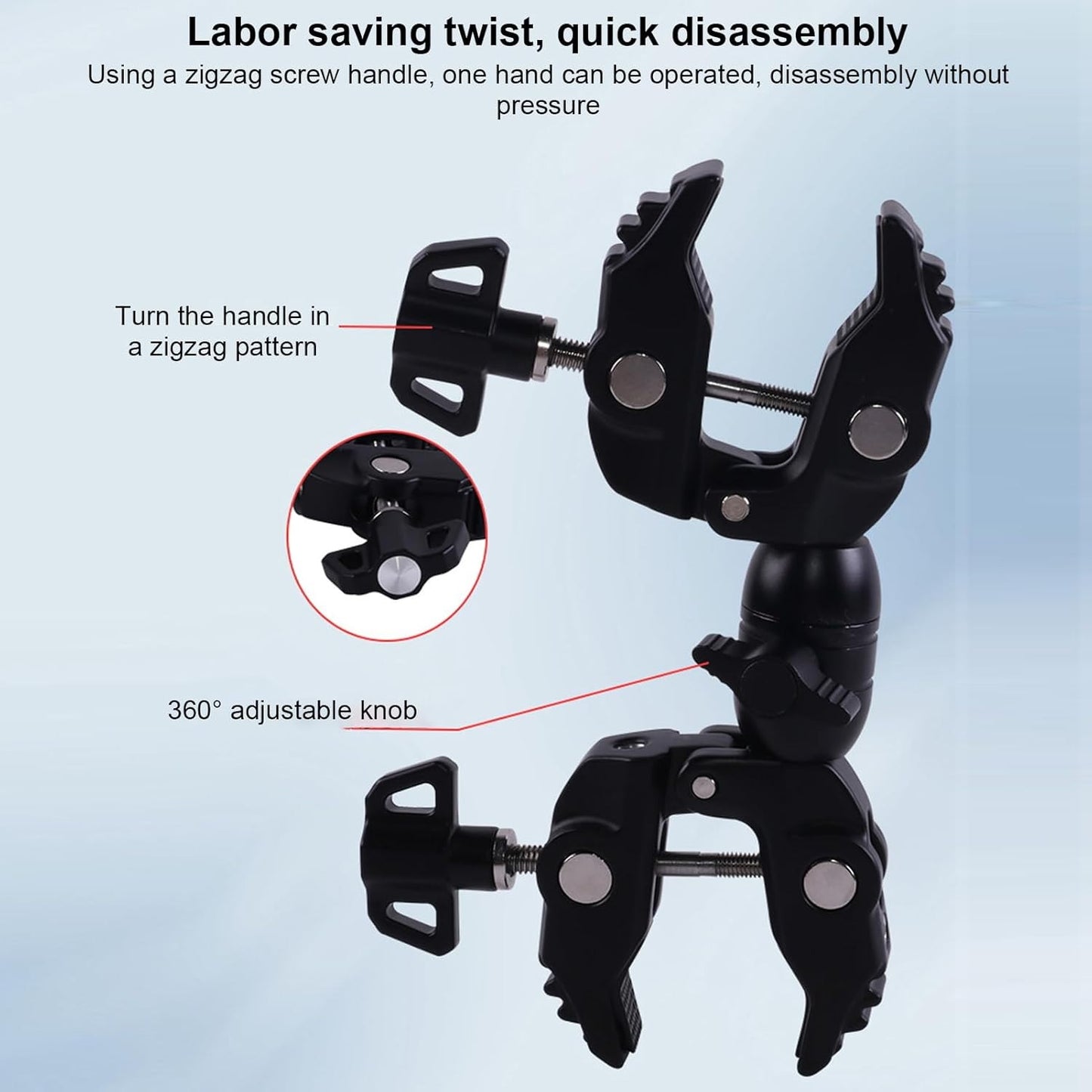 RO96 Double Camera Clamp Aluminum Alloy Camera Mount 360° Ball Head Double Mount Clamp Bracket Double Ball Head Adapter Double Support Dual Ball Camera Mount Clamp for Action Camera Umbrella Monitor LED Light Stand Tripod Biking Super Camera Clamp VMI