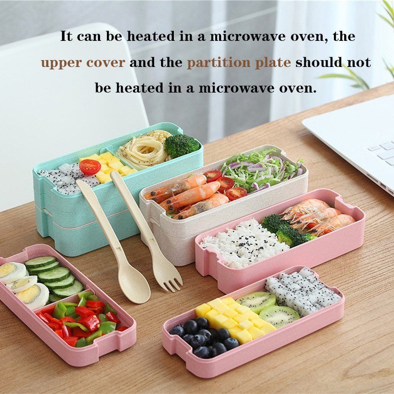 Lunch box 2Layer Portable flat lid container plastic bento Microwavable Lunchbox with spoon and fork