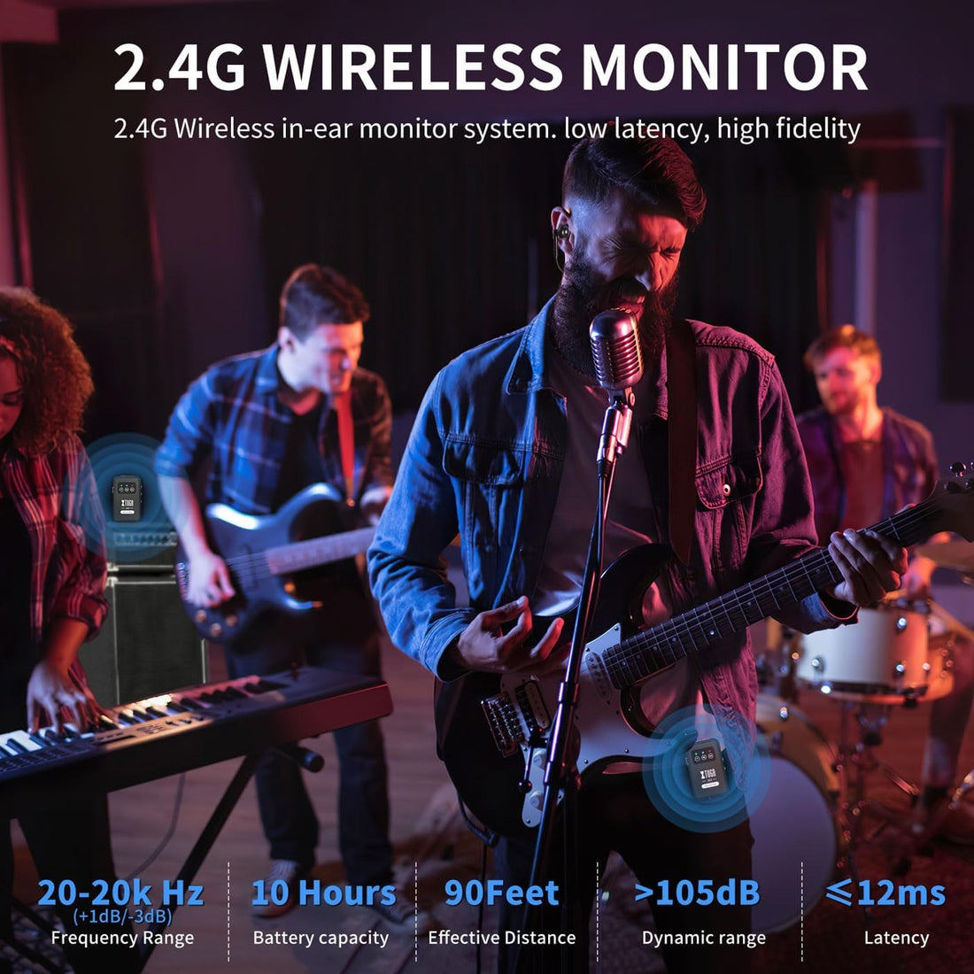 XTUGA J02 2.4G Stereo Wireless In Ear Monitor System with Earphones, Rechargeable Transmitter And Receiver High Fidelity