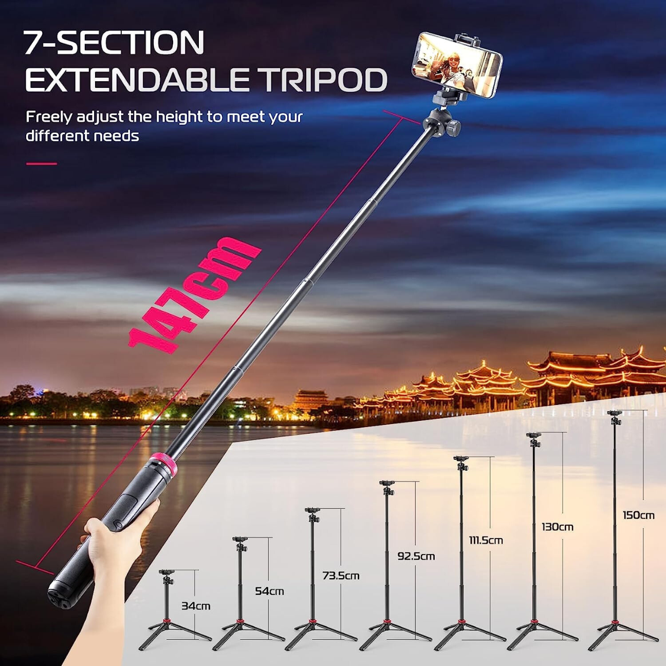 MT-44 Extendable Phone Tripod 59" Selfie Stick Phone Vlog Tripod Stand with 2 in 1 Phone Clip 360 Degrees Portable Telescopic Ball Head Camera Tripod Monopod for Phone Sony Canon GoPro Lightweight for Outdoor Travel Live Streaming Podcast - VMI Direct