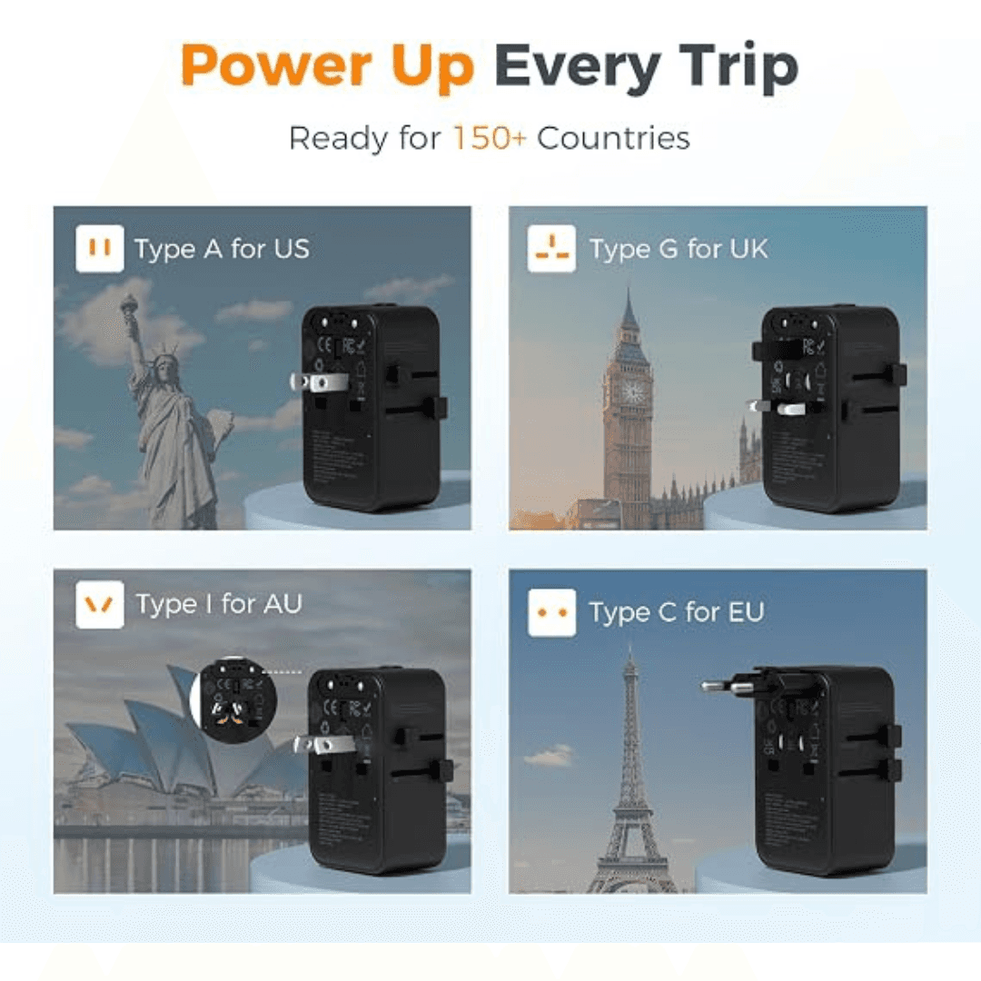 TESSAN TA01AUS Universal Travel Adapter Plug Charger with 4 USB Ports, Worldwide International Power Converter for EU/UK/AU/US Outlets – Compact Portable Design – Black