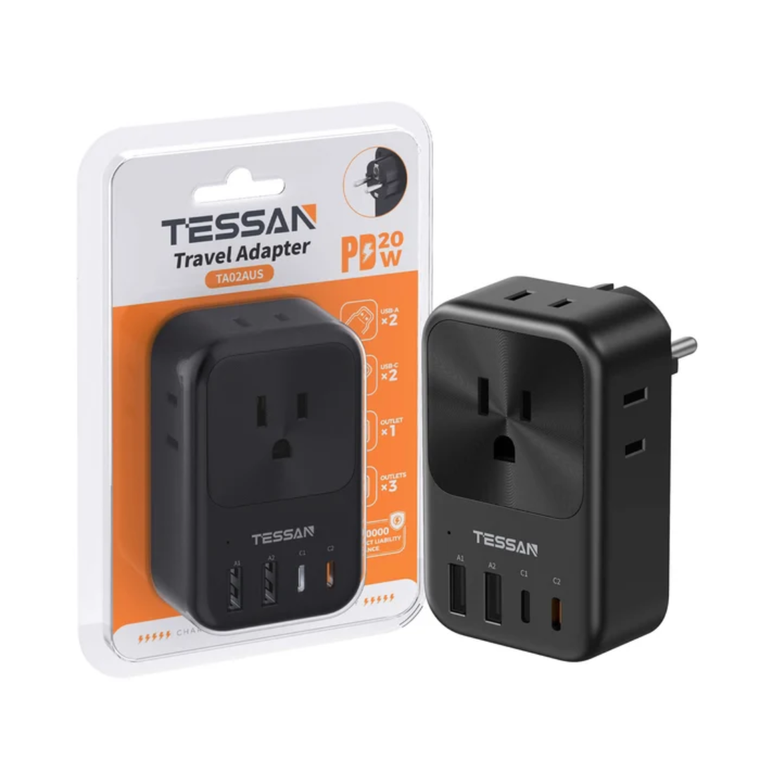 TESSAN TA01AUS Universal Travel Adapter Plug Charger with 4 USB Ports, Worldwide International Power Converter for EU/UK/AU/US Outlets – Compact Portable Design – Black