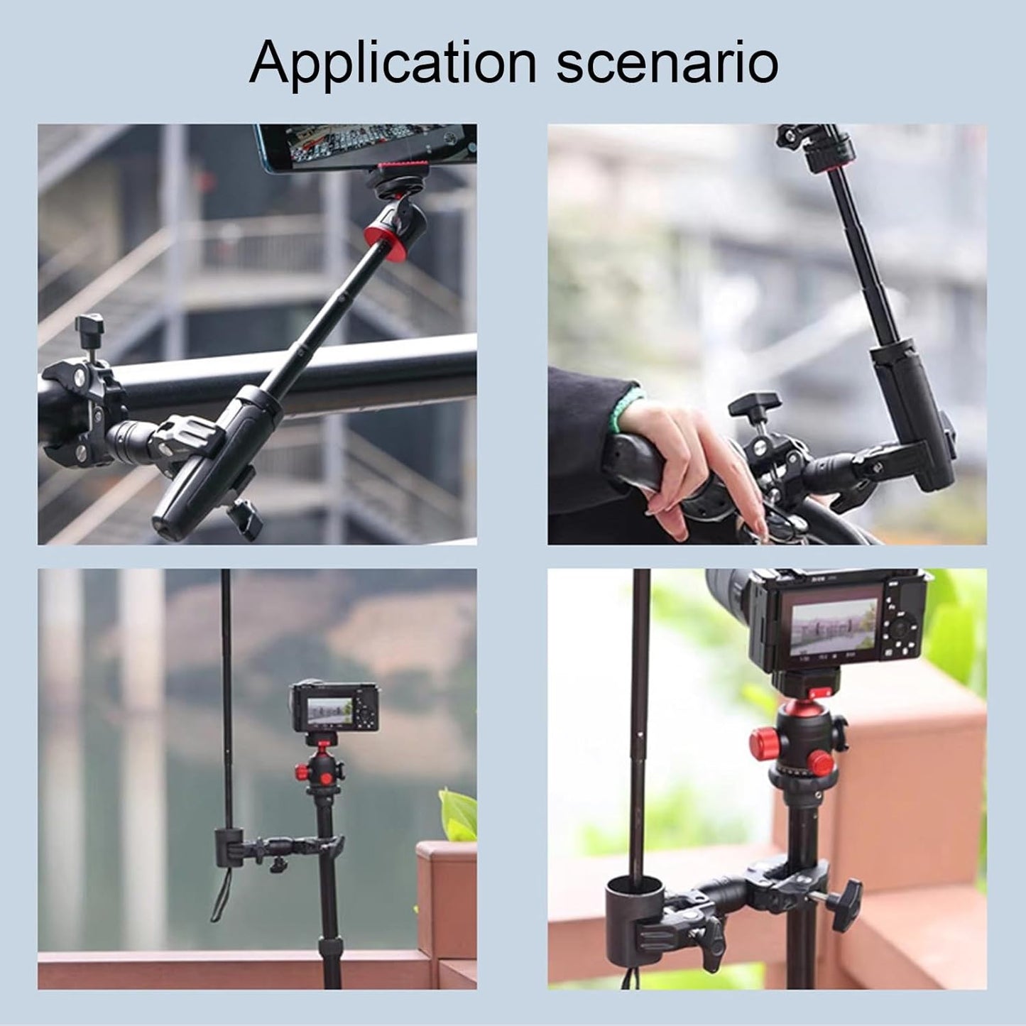 RO96 Double Camera Clamp Aluminum Alloy Camera Mount 360° Ball Head Double Mount Clamp Bracket Double Ball Head Adapter Double Support Dual Ball Camera Mount Clamp for Action Camera Umbrella Monitor LED Light Stand Tripod Biking Super Camera Clamp VMI