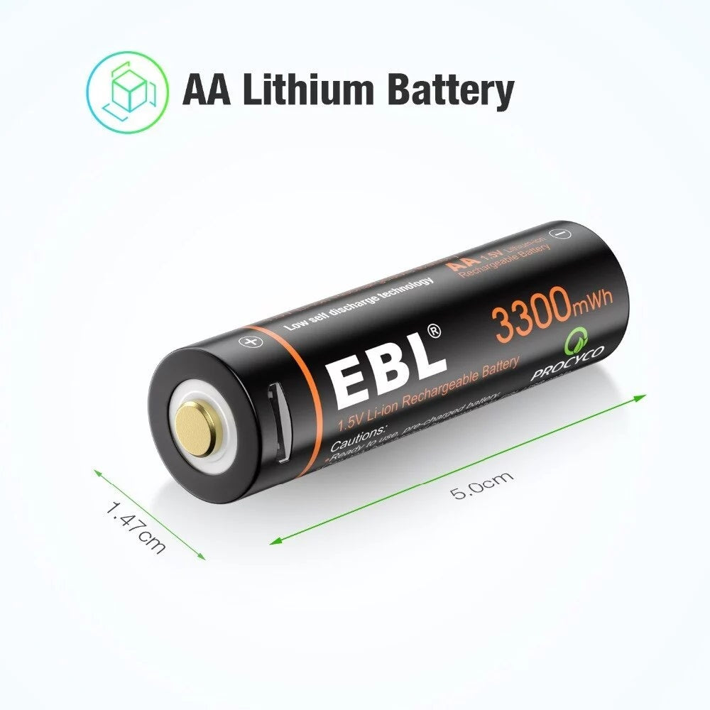 EBL TB-1443 1.5V AA 3000mAh Rechargeable Li-Ion Lithium Ion Battery with Built-In Micro USB Charging