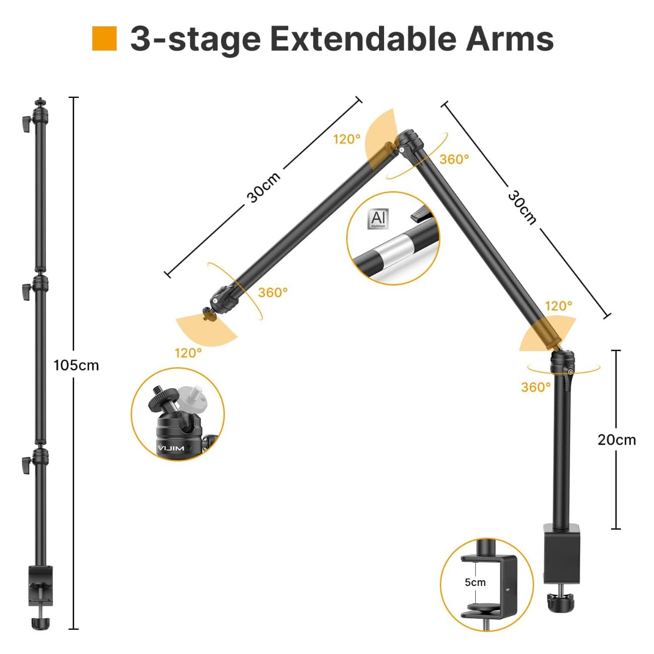 LS08 Professional Desktop Live Streaming Stand 3-Section Flexible Extendable Arm Aluminum Alloy