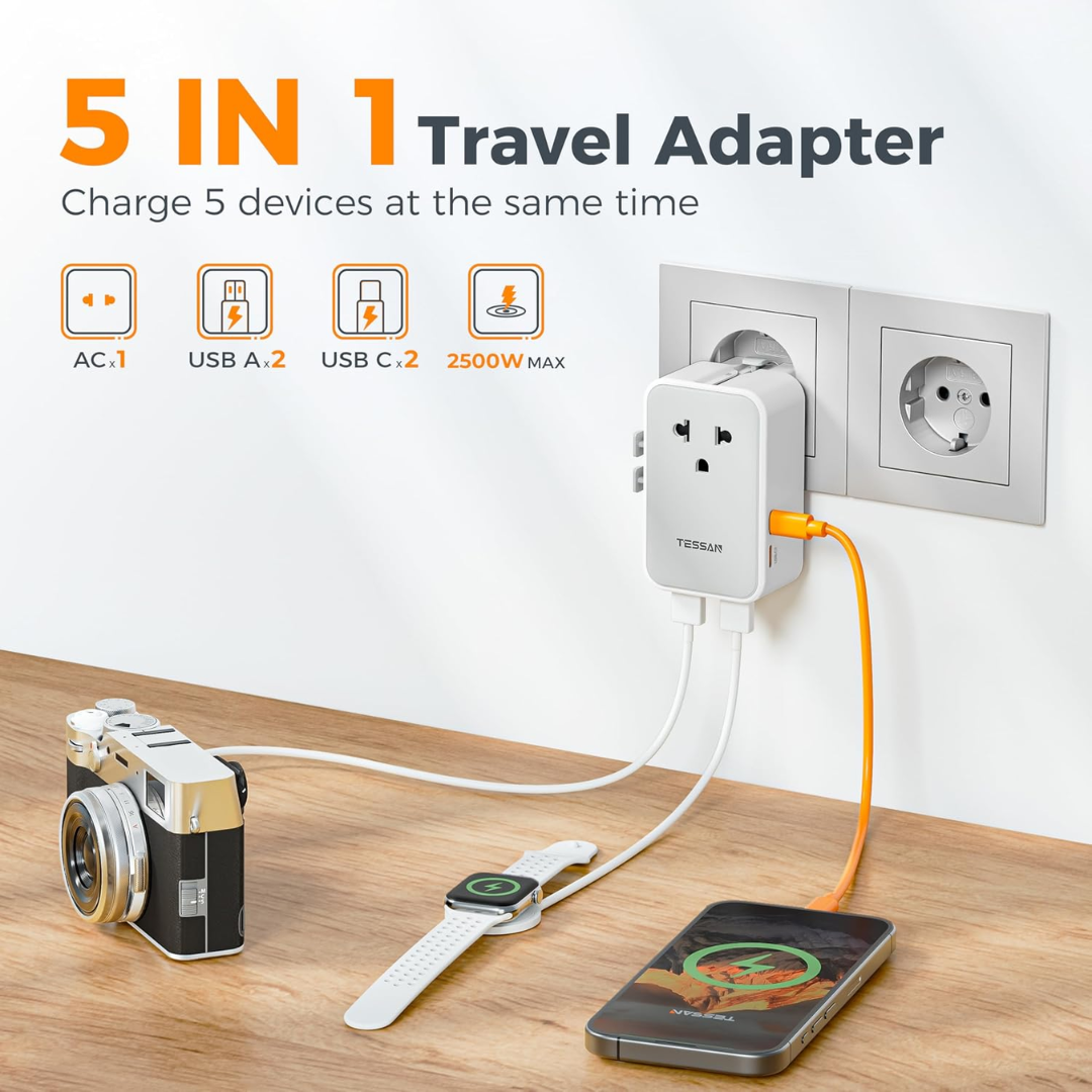 TESSAN GM-3001DCR-GR 25W Ultra-Thin Universal Travel Adapter