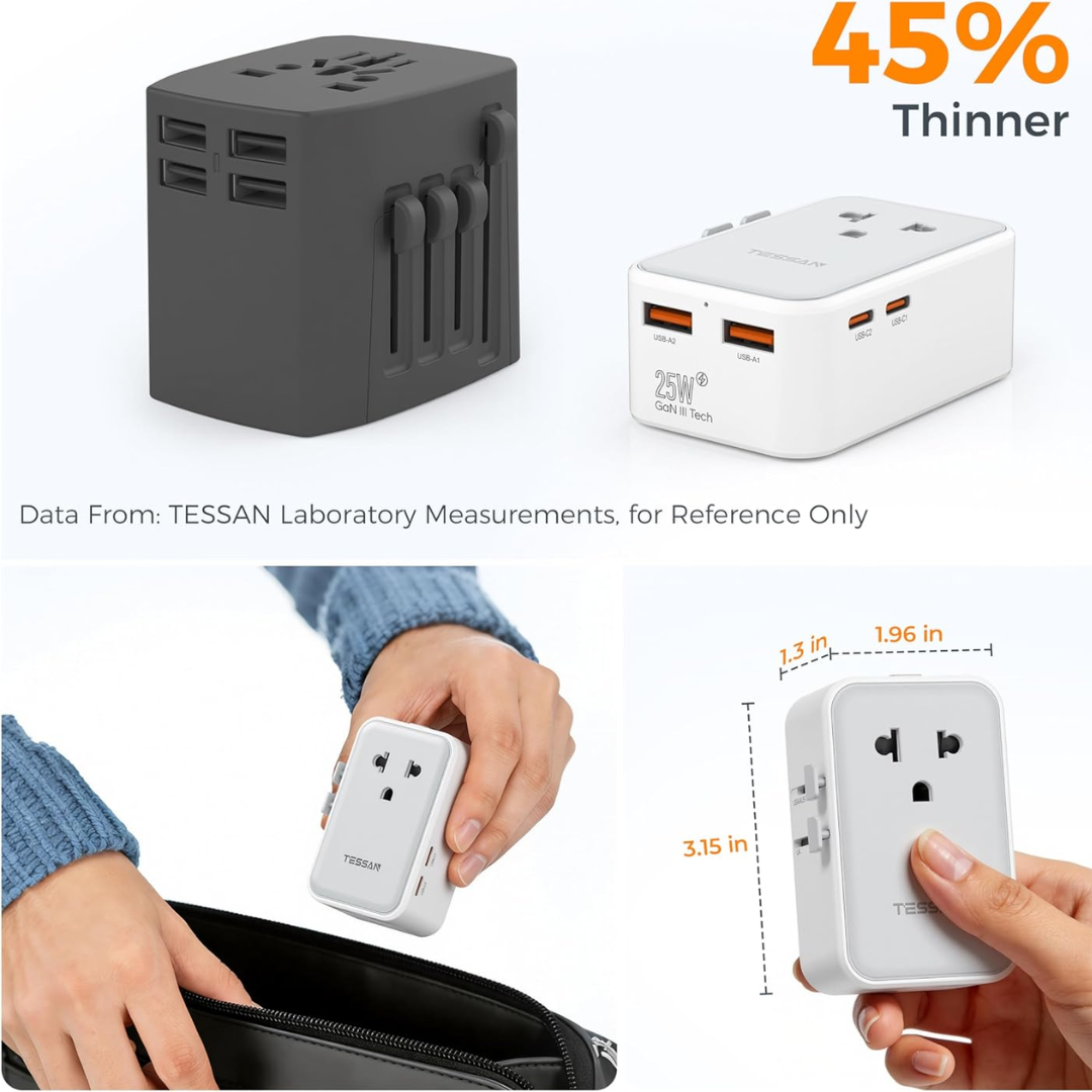 TESSAN GM-3001DCR-GR 25W Ultra-Thin Universal Travel Adapter